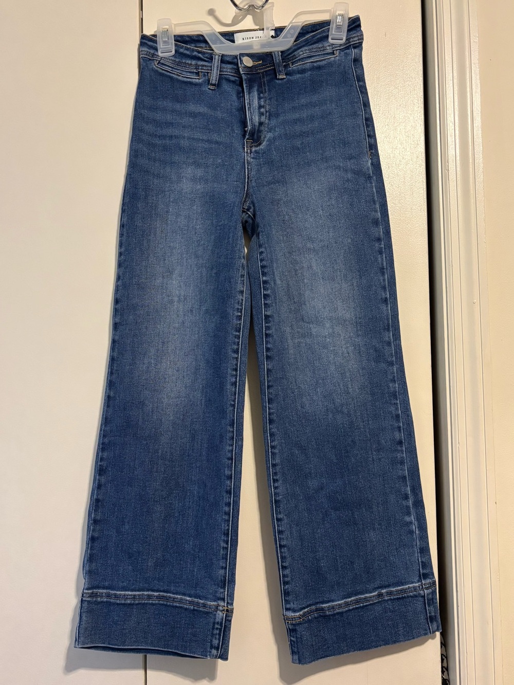 Risen Hi Rise Wide Leg Crop Stretch Jeans in Dark Denim Blue Wash Retro